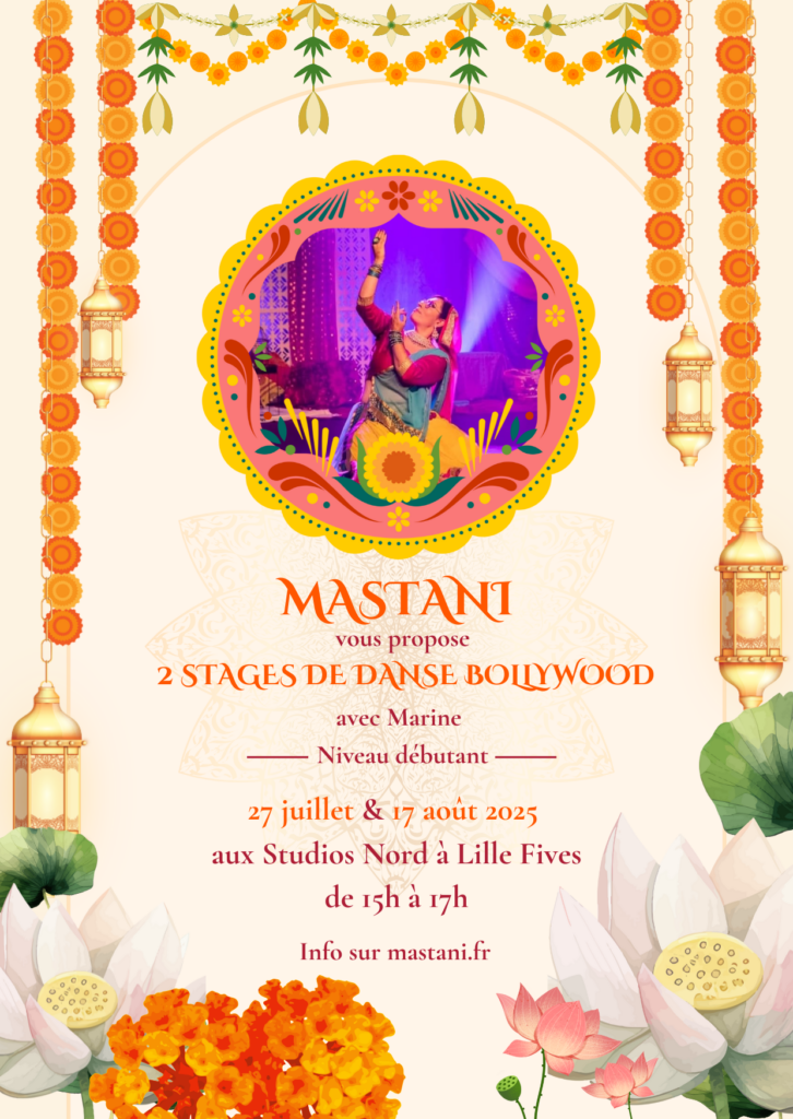 Mastani vous propose 2 stages de danse bollywood avec Marine, aux Studios Nord a Fives, les dimanche 27 juillet et 17 aout, de 15h a 17h.